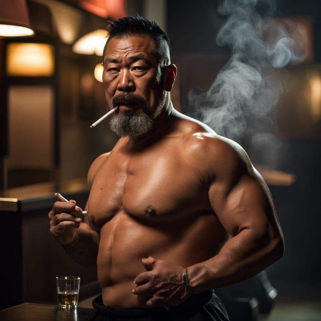 Shirtless Asian Bodybuilder Walks Into a Bar