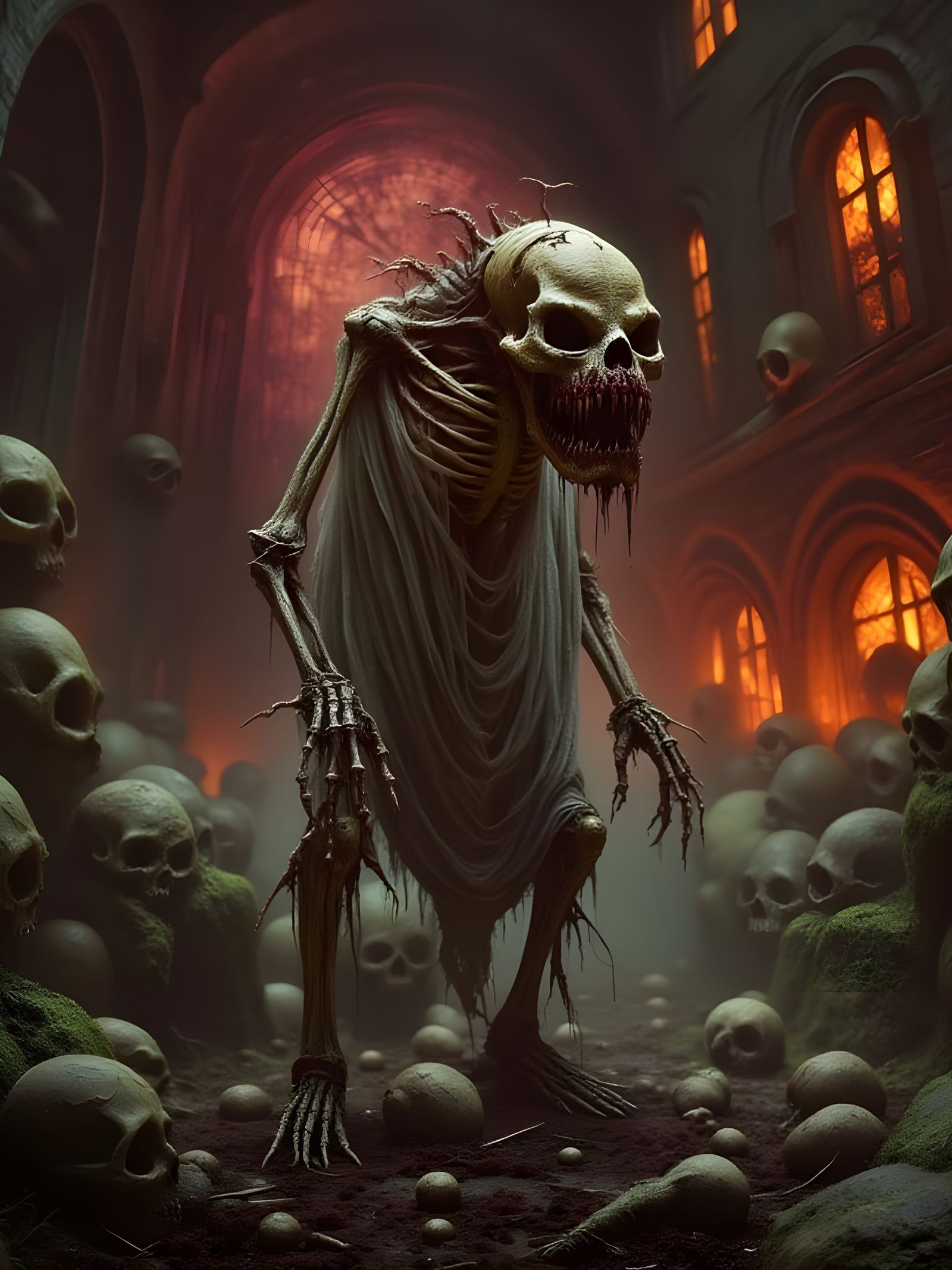 Eerie Skeleton Guarding Bones in a Dark Abyss