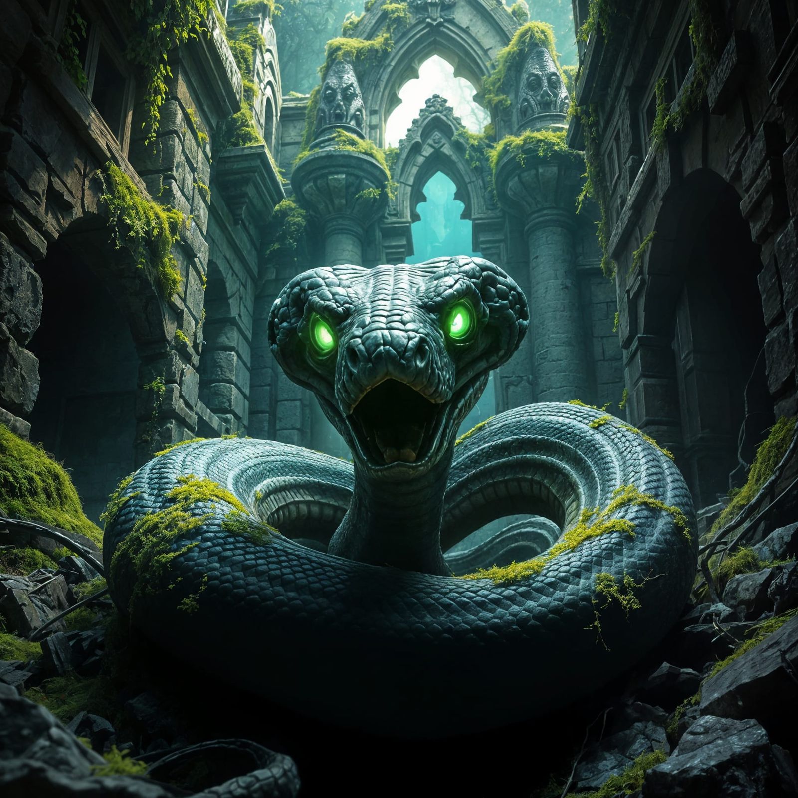 Spectral Cobra Emerges from Ancient Ruins in Dark Fantasy Ar...