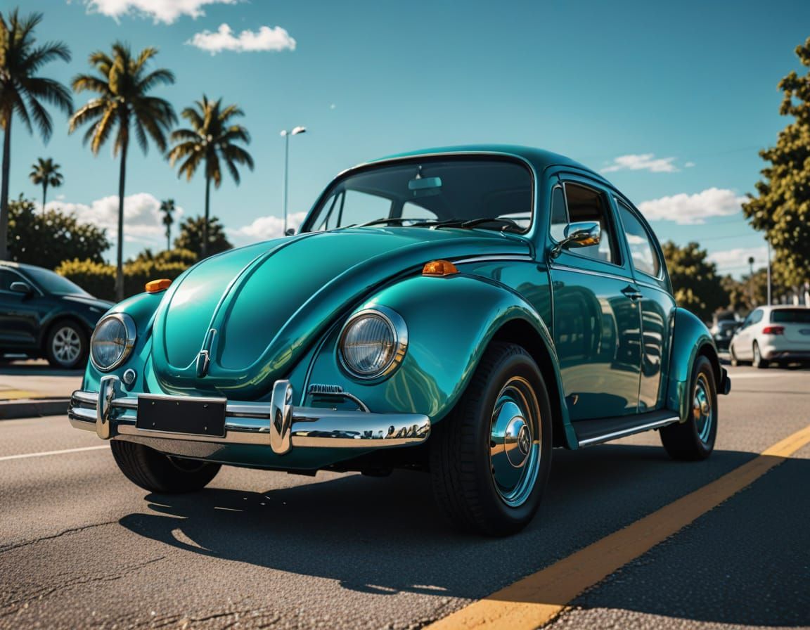 Teal VW Beetle in Detailed Digital Art