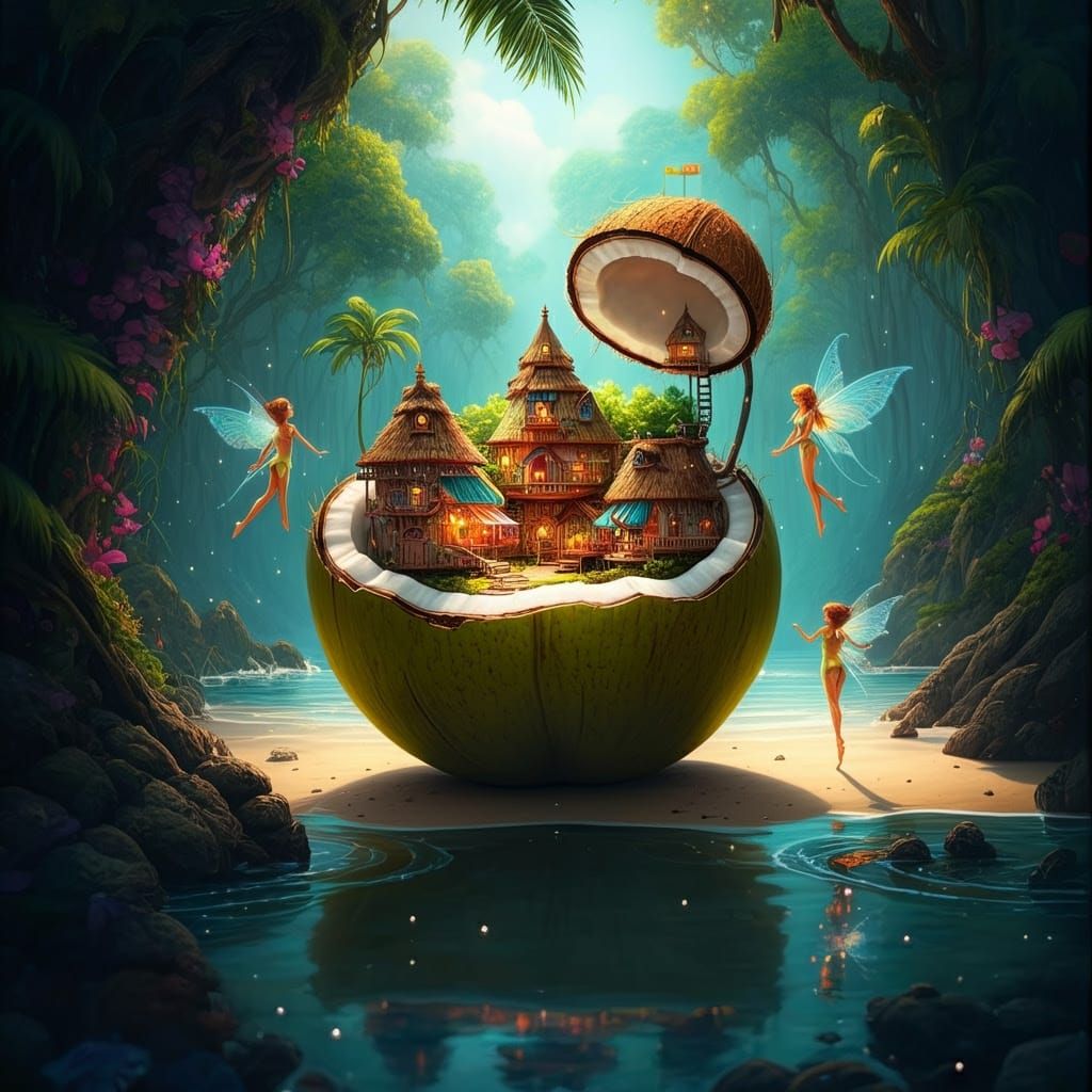 Enchanted Fairy Village in Coconut, Airbrushed Art