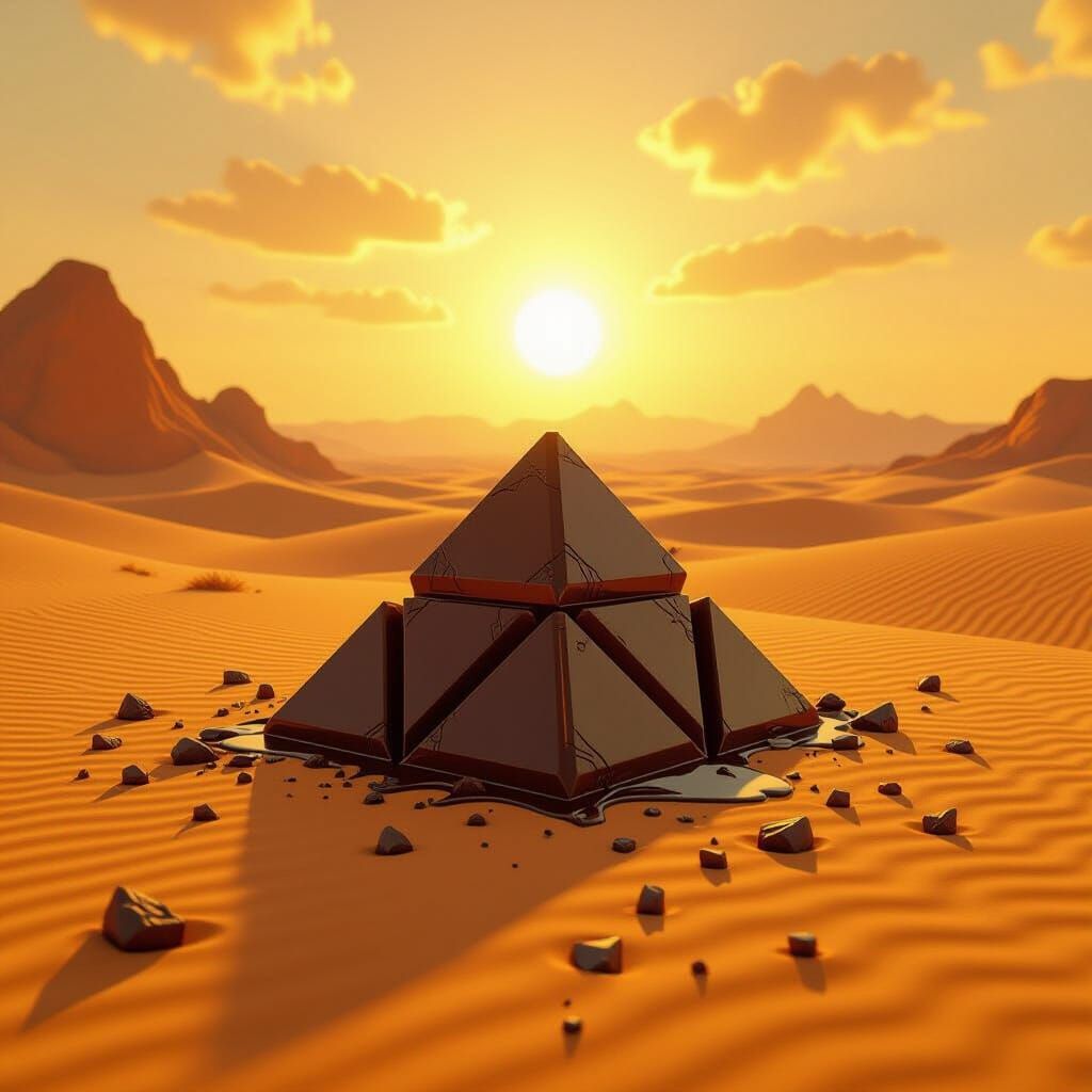 Melting Chocolate Pyramids in Surreal Desert Landscape