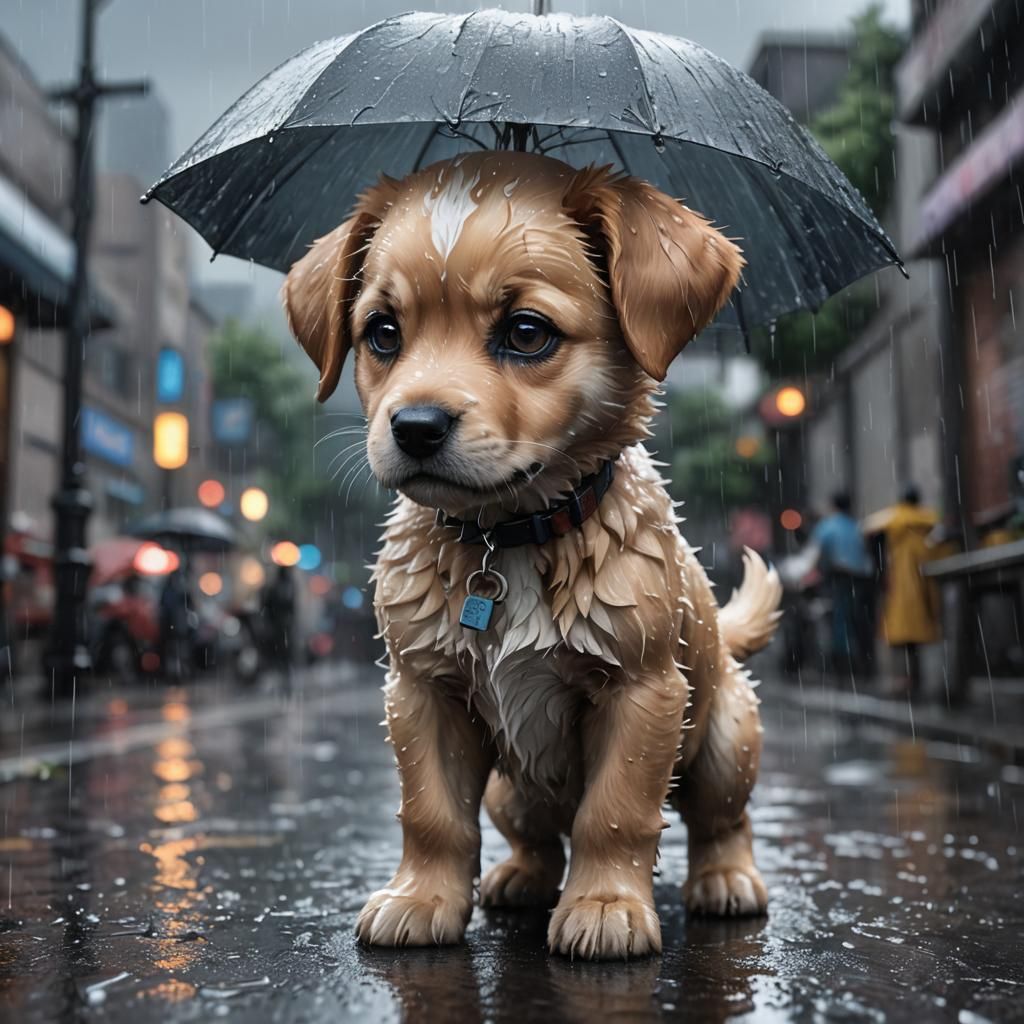 Sad Puppy in Rain: 3D Anime Art