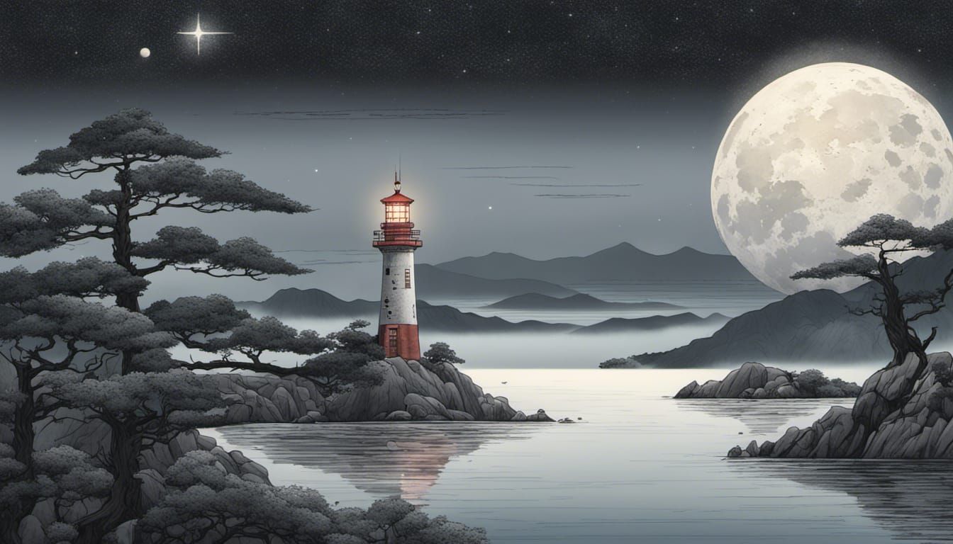 Japanese Lighthouse Illustration Under a Galactic Moon