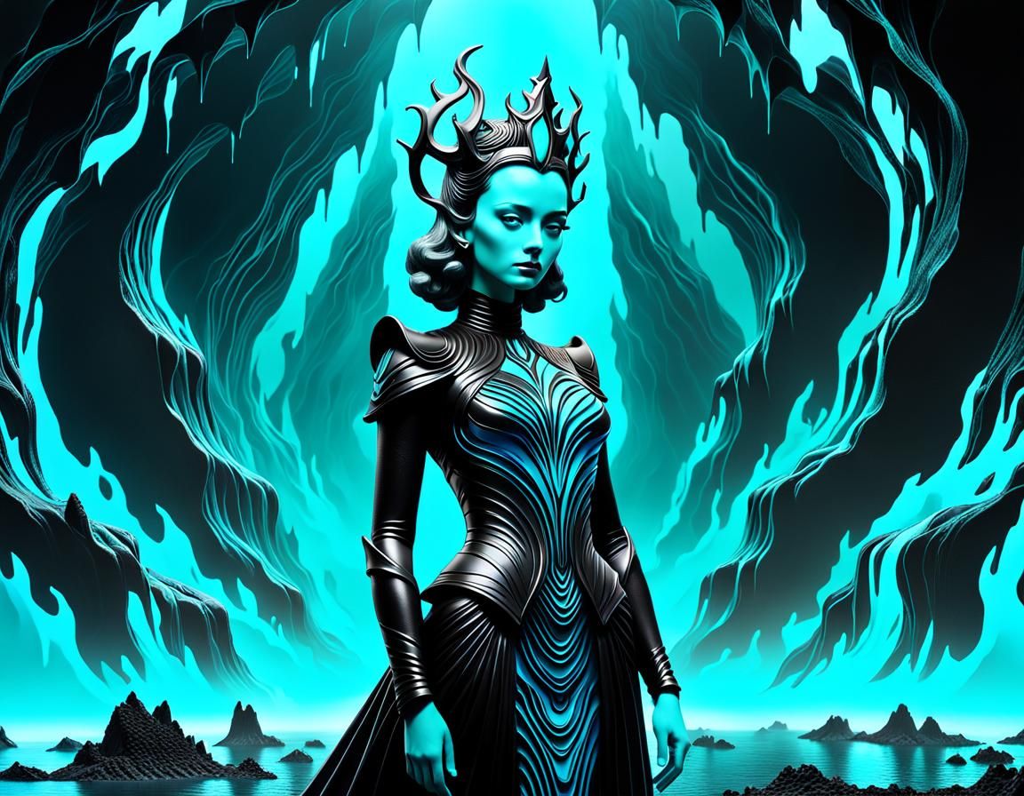 Eerie Underworld Queen in a Sci-Fi Surrealist Style