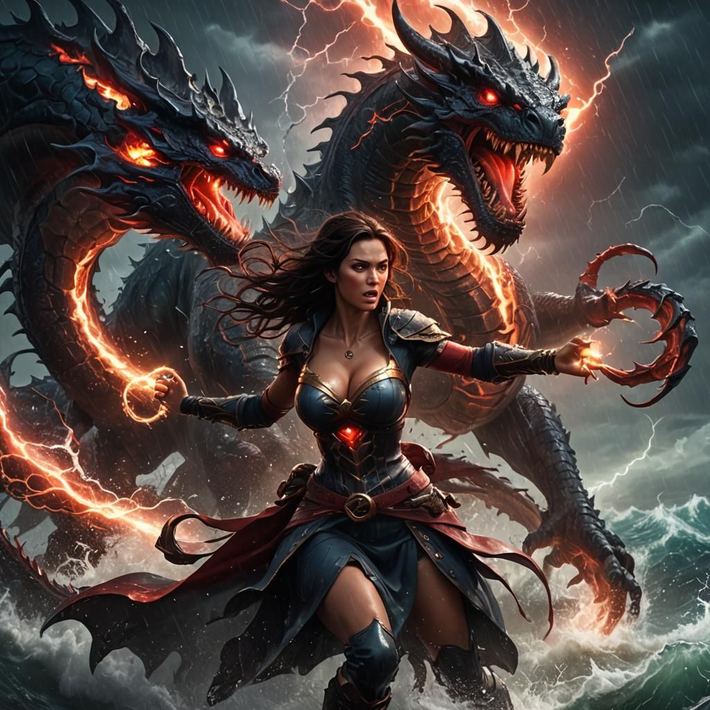 Brunette Warrior Battles Sea Monster in Storm