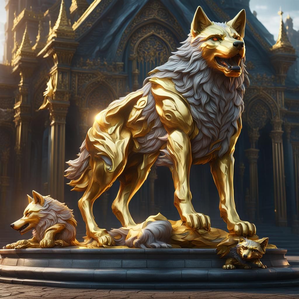 Gold Wolf Statue with Silver Pup: Fantasy Art
