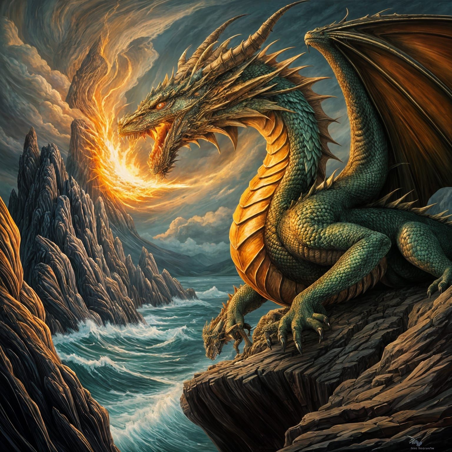 Epic Dragon Breaths Fire: Medieval Oil Painting