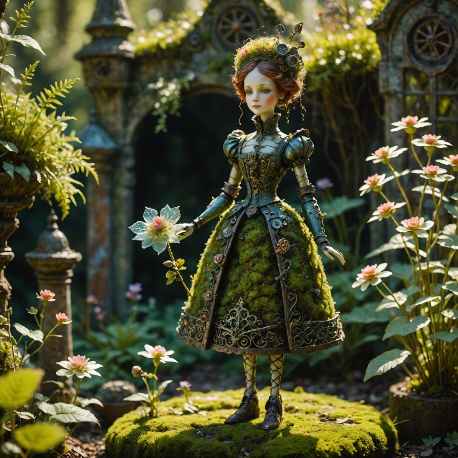 Automaton with Glass Dress Flower in Steampunk Garden