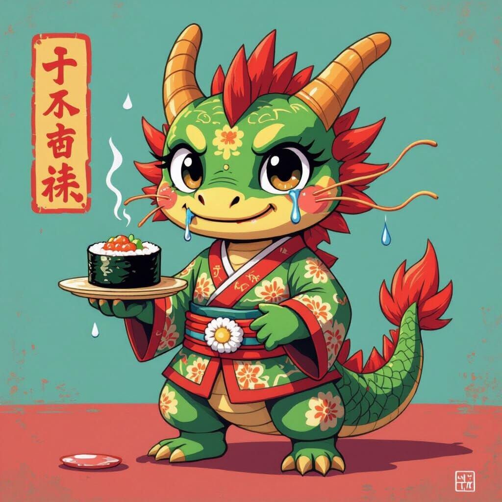 Small Dragon with Sushi in Expressionist Style