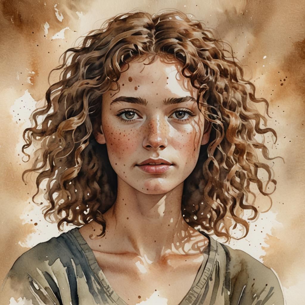Watercolor Portrait of a Young Woman with Freckles