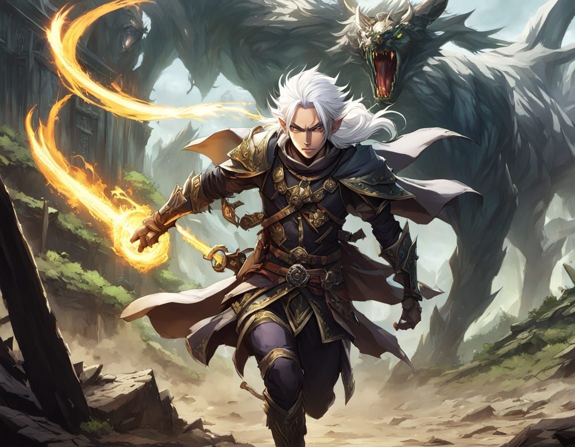 Elf Mage Running from Beast in Anime Style