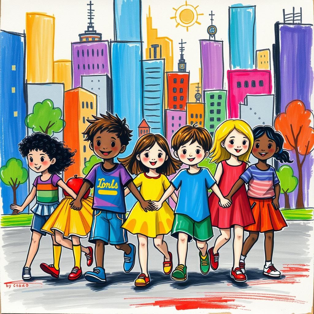 Children's Joyful Cityscape in Pop-Art Style