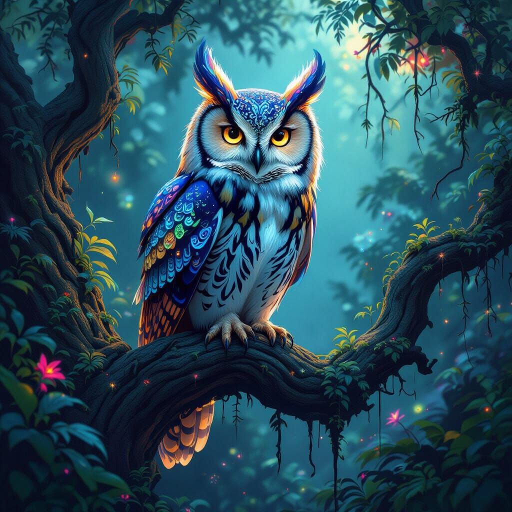 Bioluminescent Owl in Alien Jungle: Hyperrealistic Splash Ar...