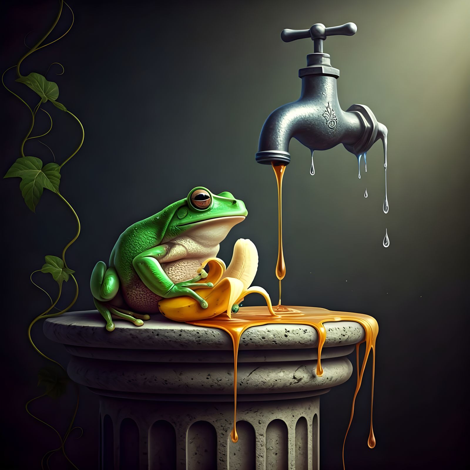 Surreal Frog Feast: Banana, Vines, and Melting Faucet