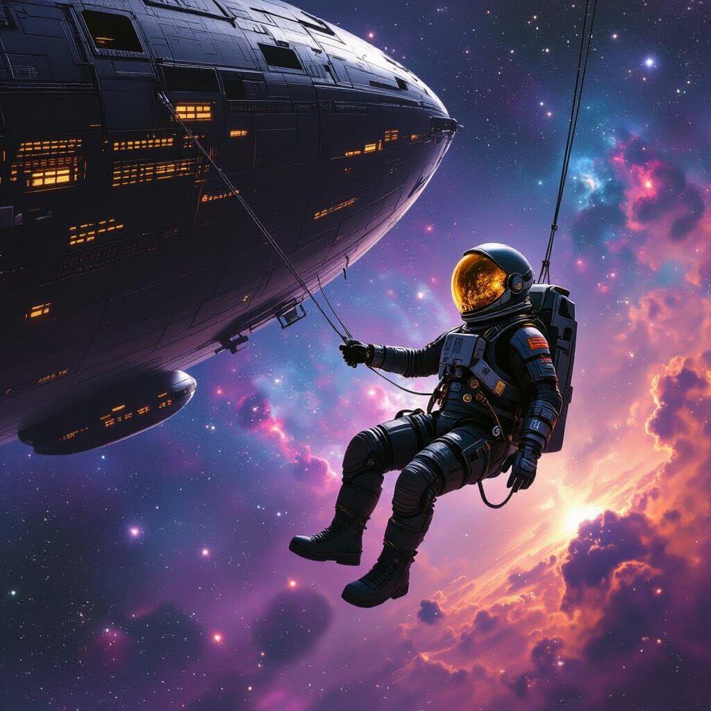 Astronaut Adrift Near Cosmic Whale Ship Amidst Vibrant Nebul...