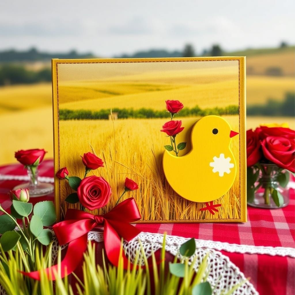 Yellow Countryside Scrapbook with Red Roses and Ribbons