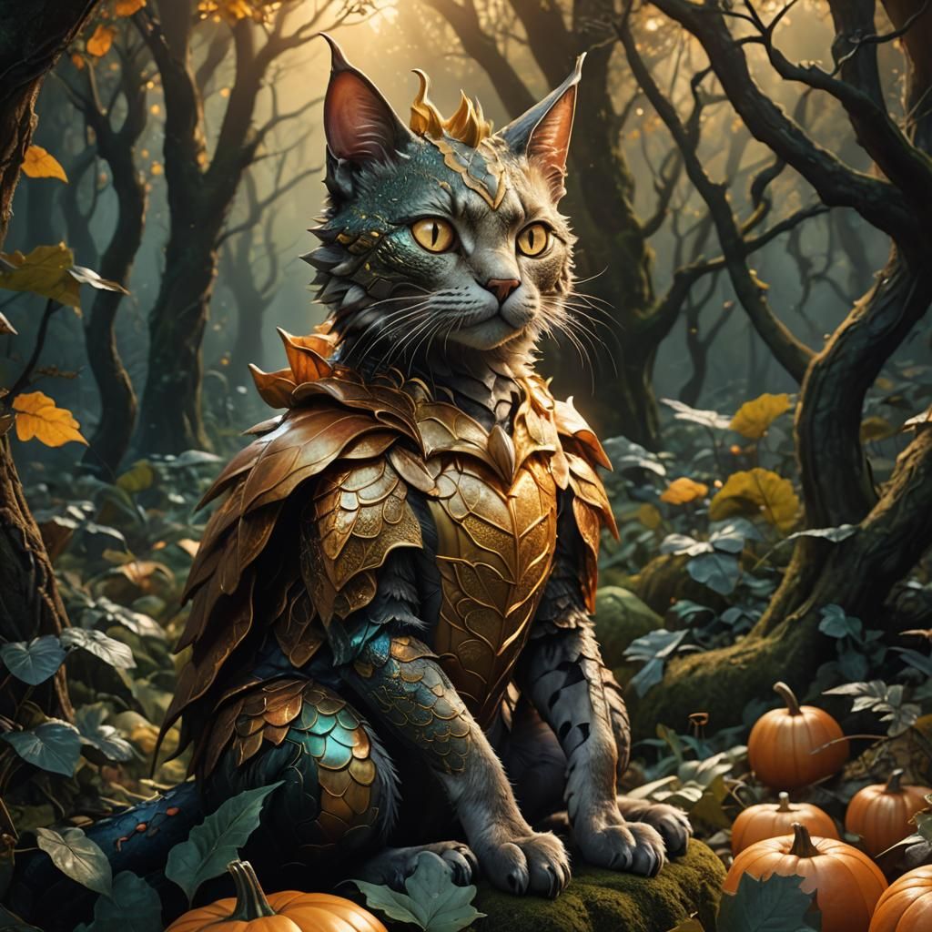 Cat Dragon in Pumpkin Costume in Forest