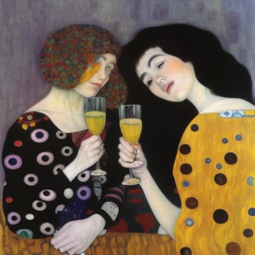 Two Emo Girls Drinking Wine in Klimt Style