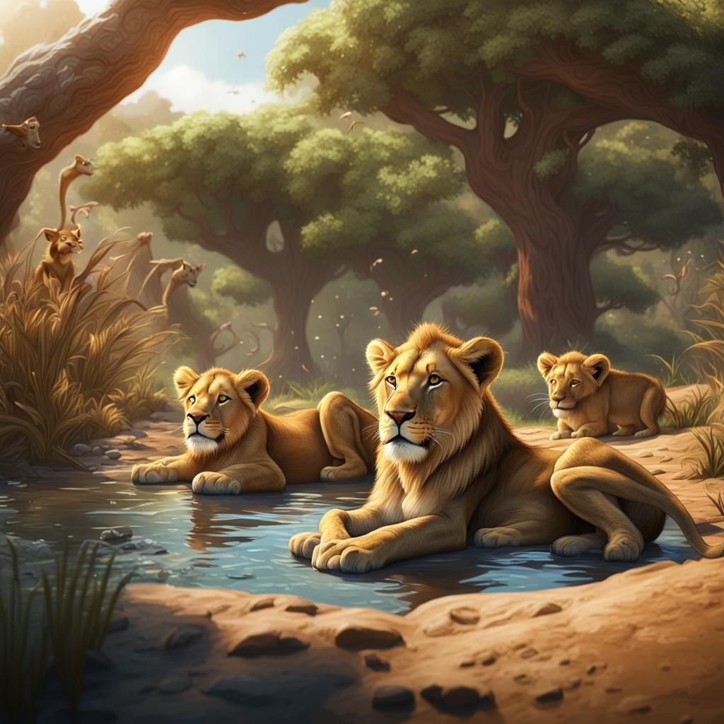 Lion Family Basking in the Safari Sun