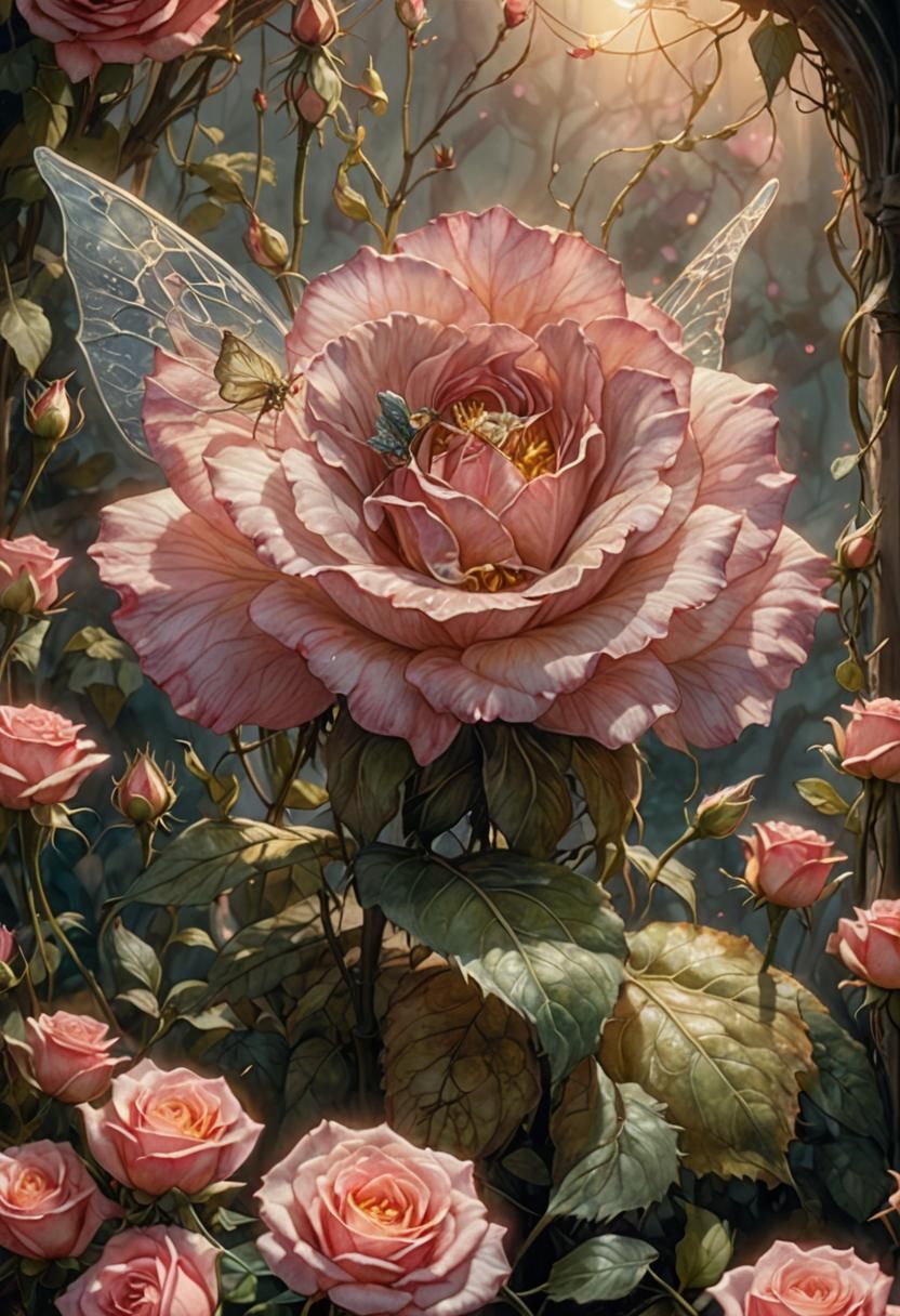 Fairy Pixie Inside Blooming Rose: Fantasy Concept Art