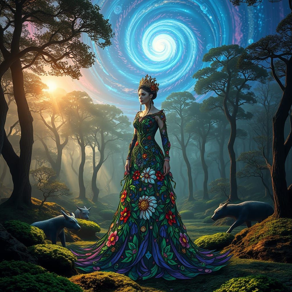 Surreal Forest: Woman in Floral Gown, Bio-Art Style