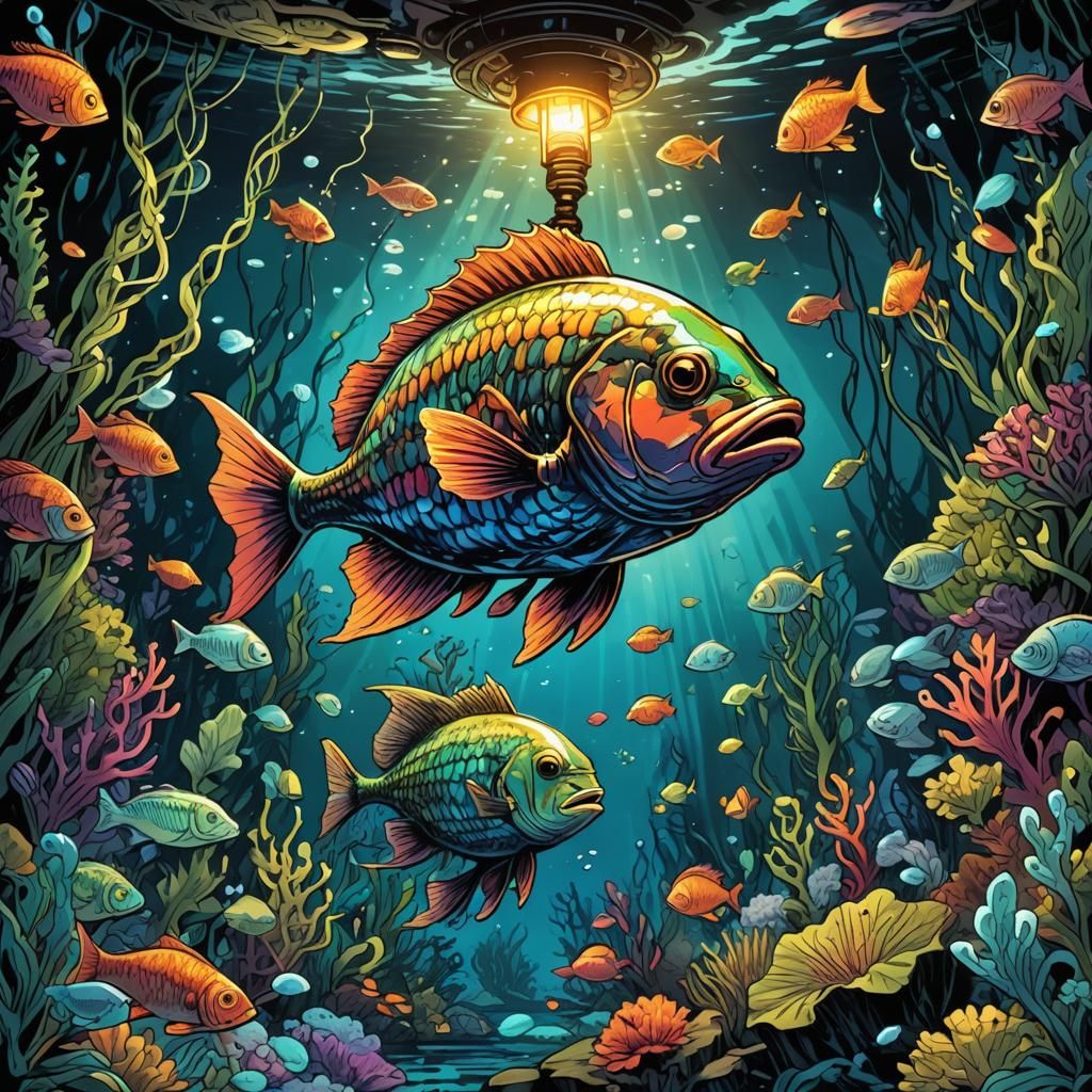 Whimsical Fish Lamp in Comic Book Style