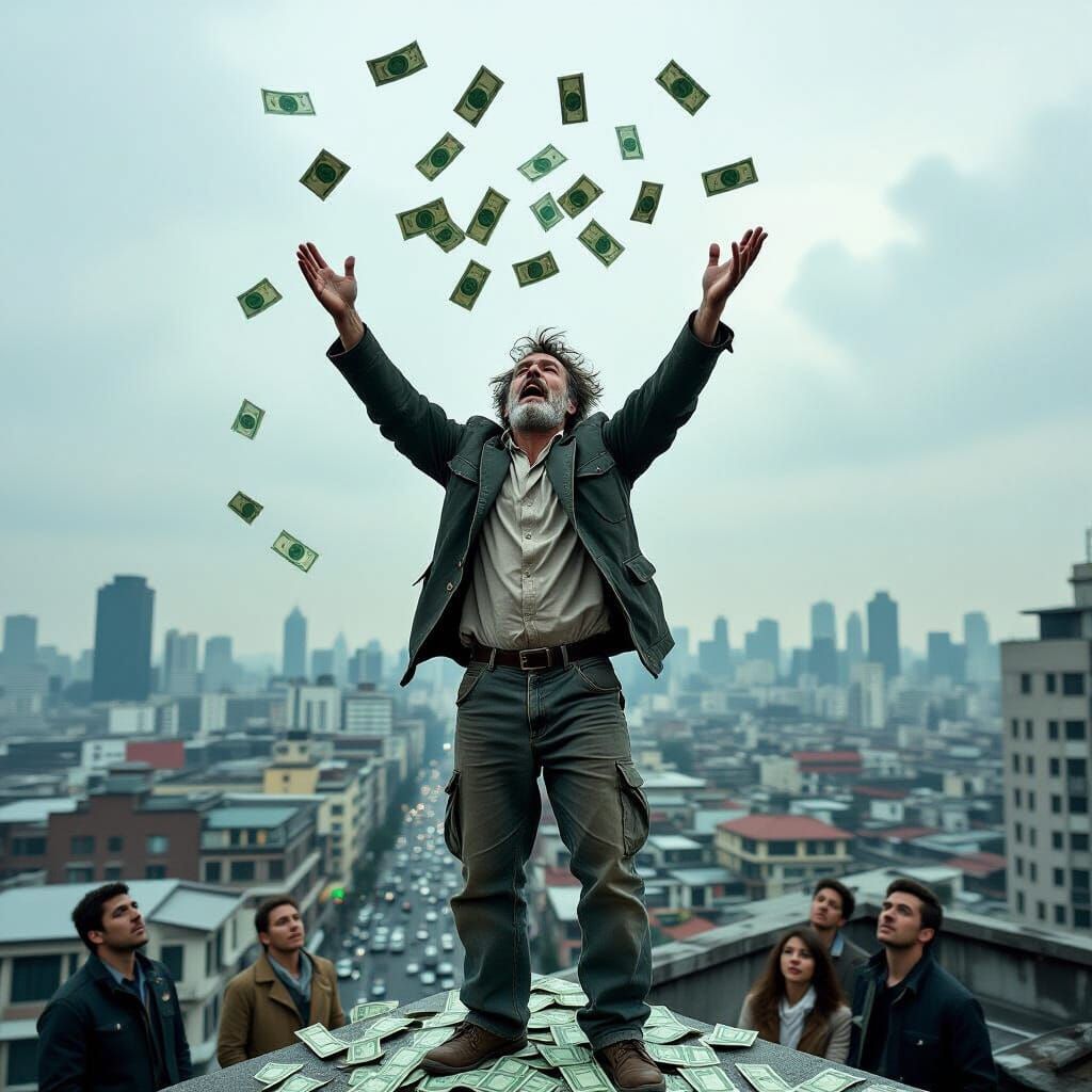 Chaotic Rooftop: Man Throws Money in Ultra-Realistic Scene