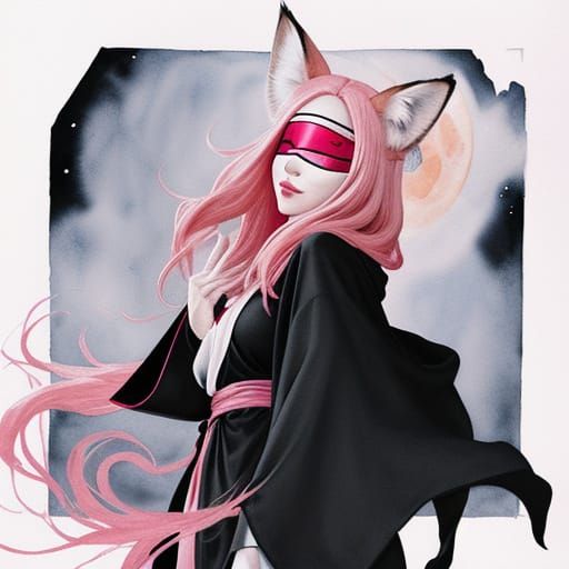 Pink Haired Woman with Fox Ears in Manga Watercolor