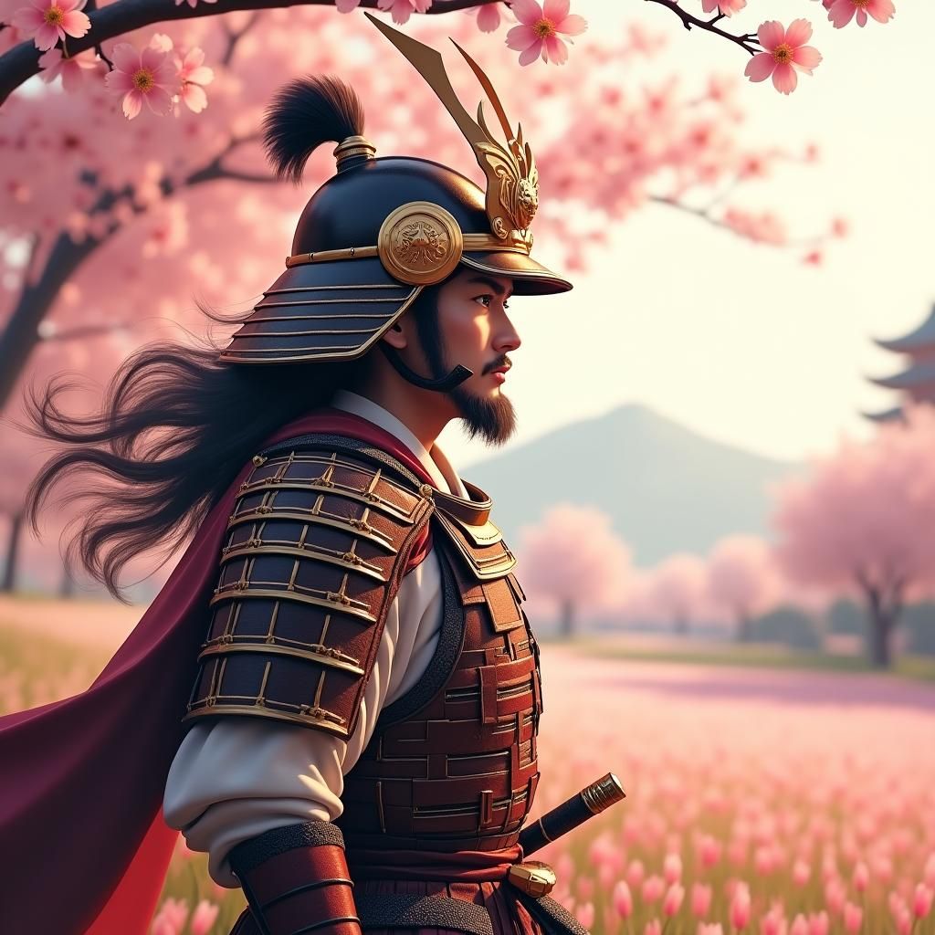 Samurai Warrior in Sakura Field: Anime-Style 3D Rendering