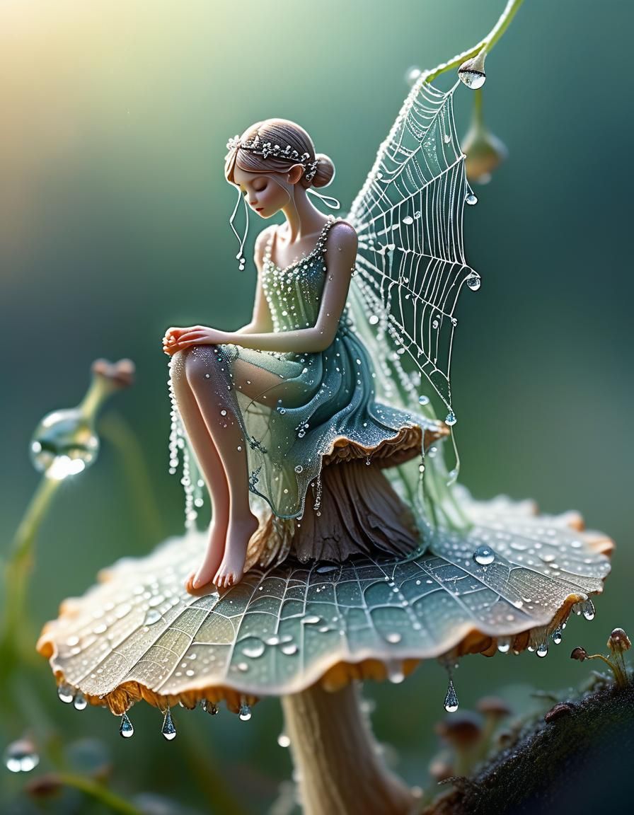 Fairy in Spiderweb Dress on Mushroom