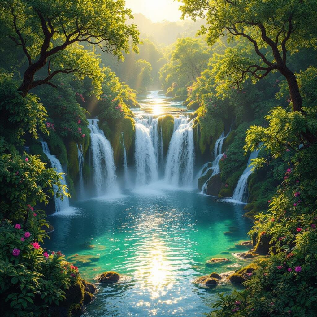 Majestic Waterfall in Lush Paradise with Golden Hour Light