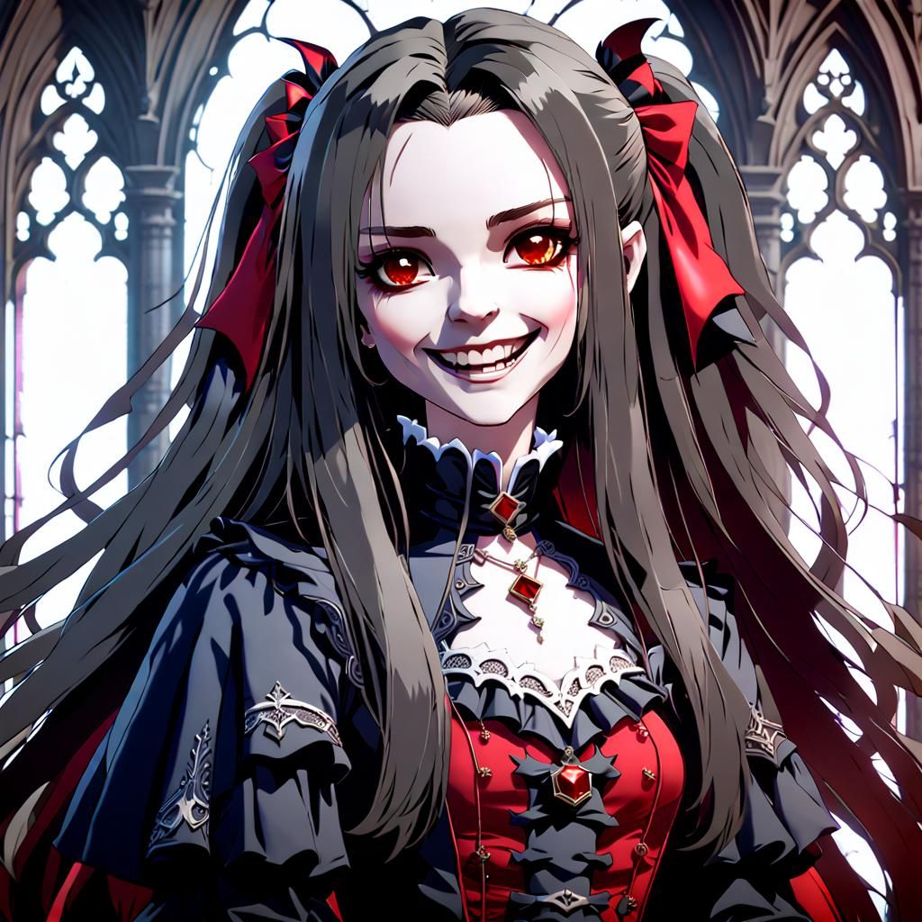 Gothic Vampire Woman with Long Hair in Anime Style