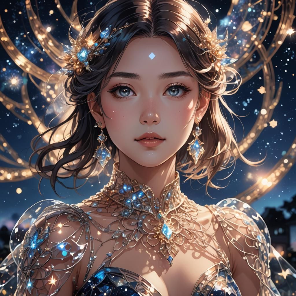 Woman in Glass Dress: Anime-Style Digital Art