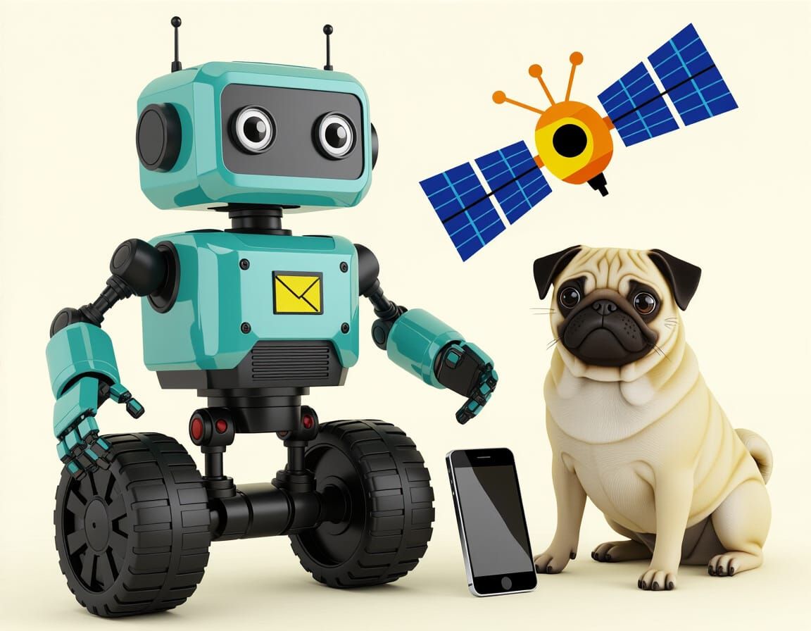 Robot with Speaker, Satellite, Pug, and Smartphone