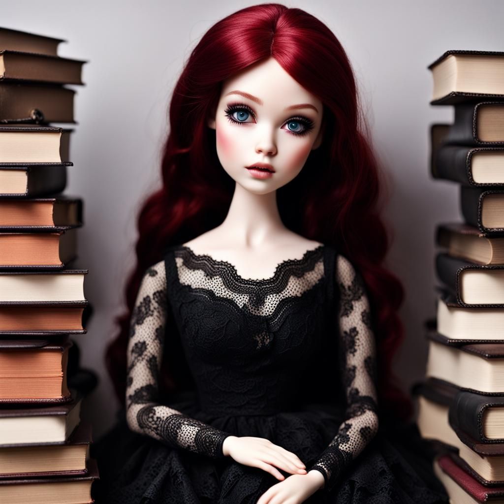 Doll with Red Hair on Stack of Books