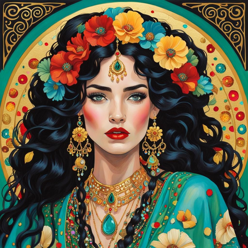 Klimt-Inspired Gypsy with Panther in Golden Light