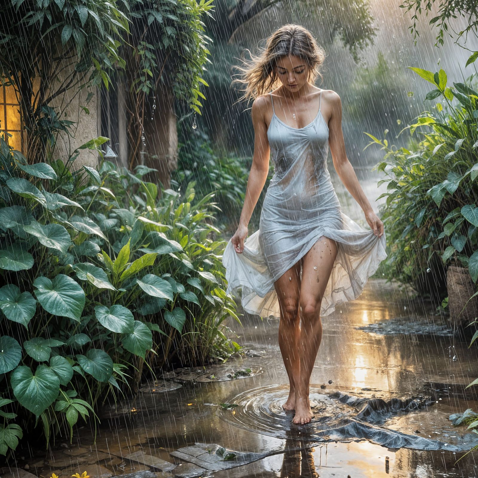 Twilight Garden Courtyard in Summer Rain