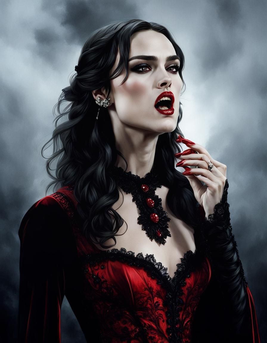 Vampire Woman with Black Hair and Red Dress