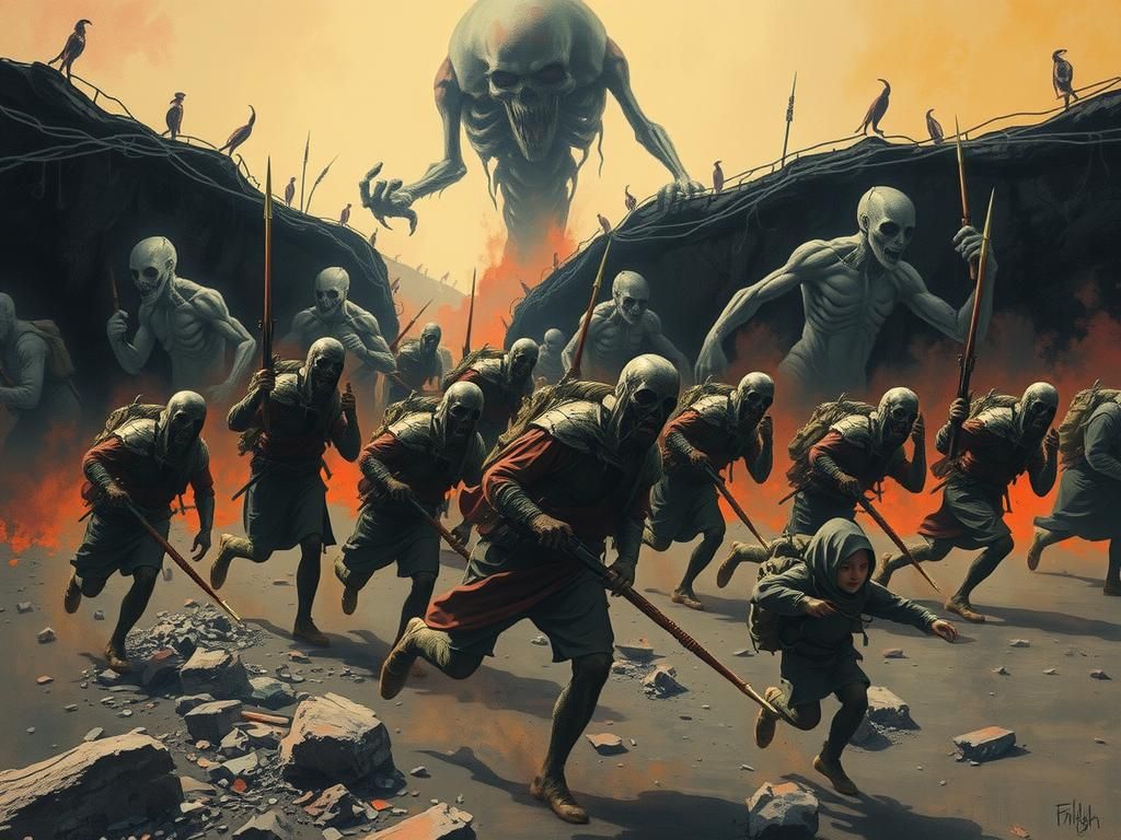 Terrified Warriors Flee Through Surreal Landscape
