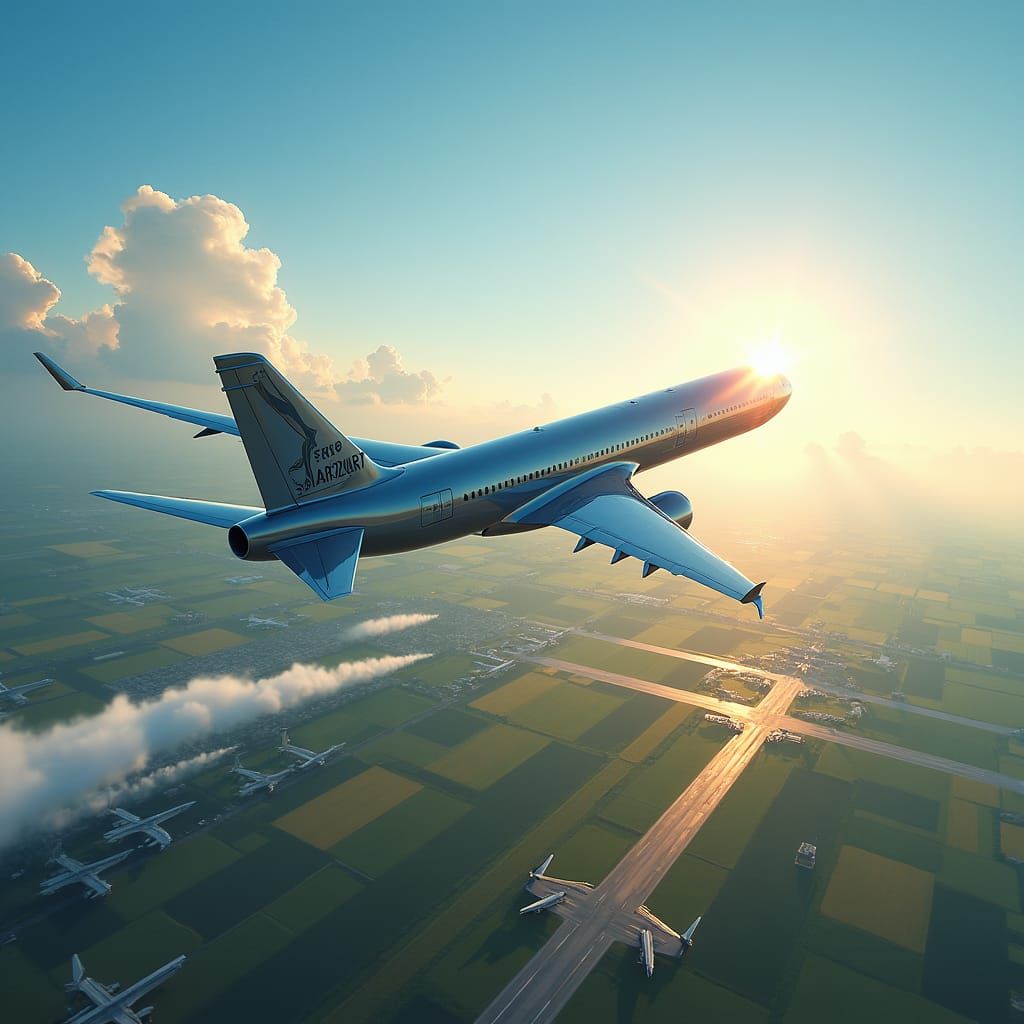 Modern Jet Soars Above Busy Airport Runway