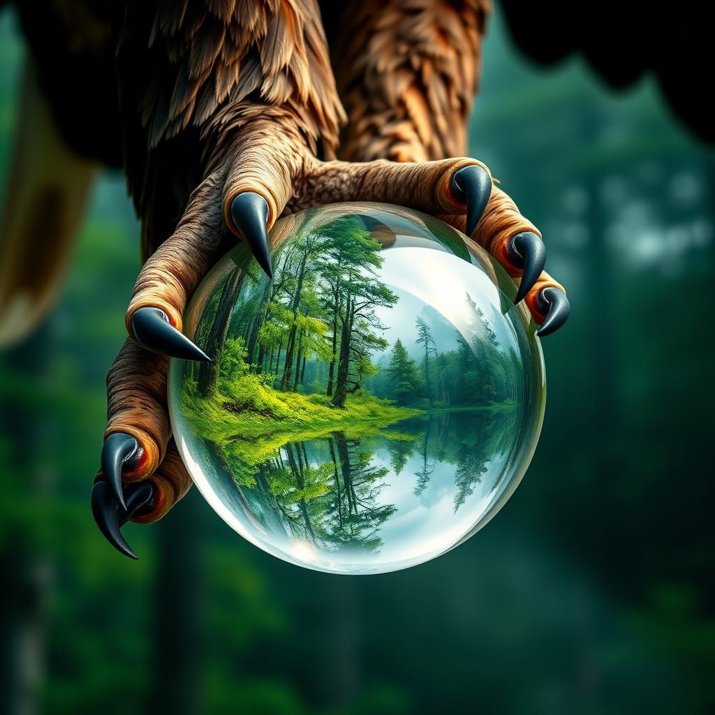 Eagle's Claw Cradles Crystal Orb in Hyperrealistic Detail