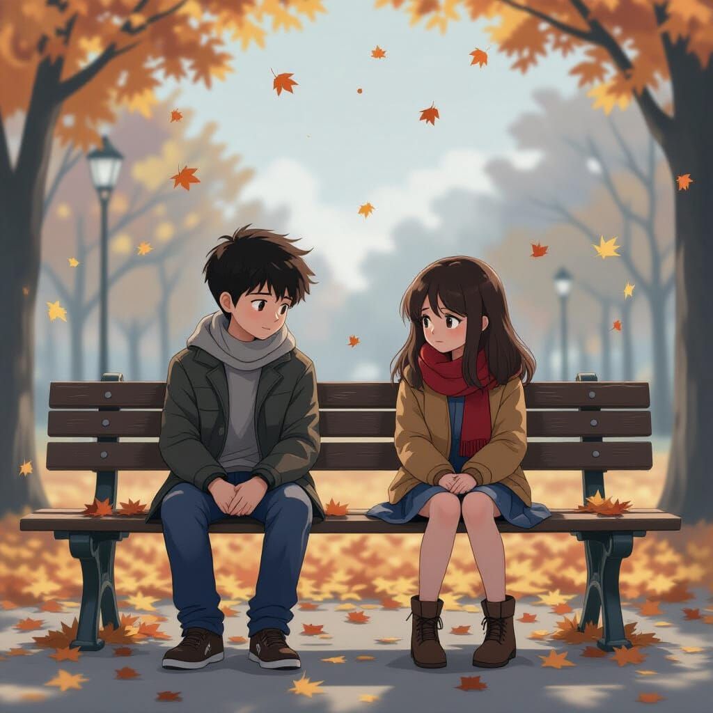 Melancholic Autumn Scene of Children on Park Bench