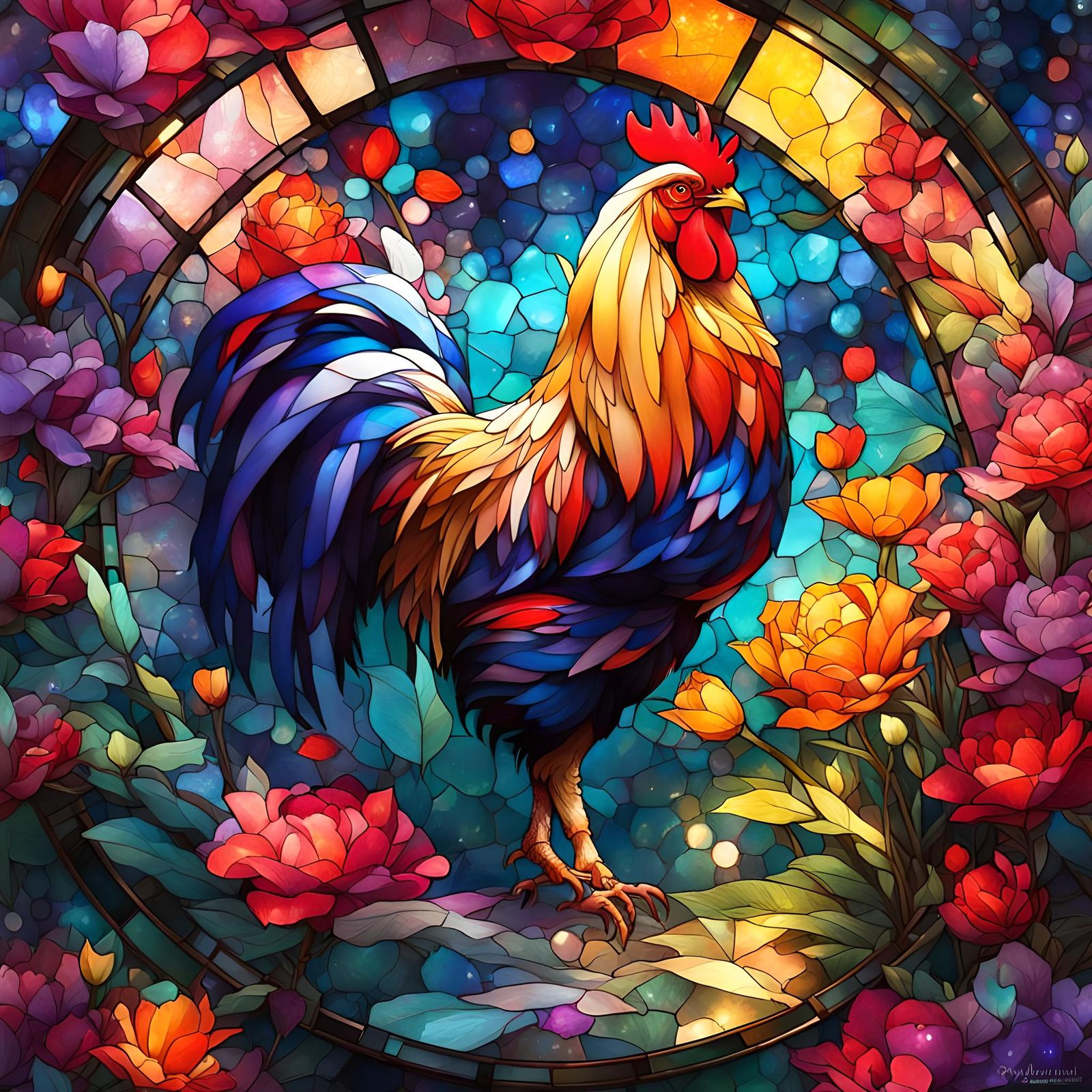Colorful Stained Glass Rooster with Flowers
