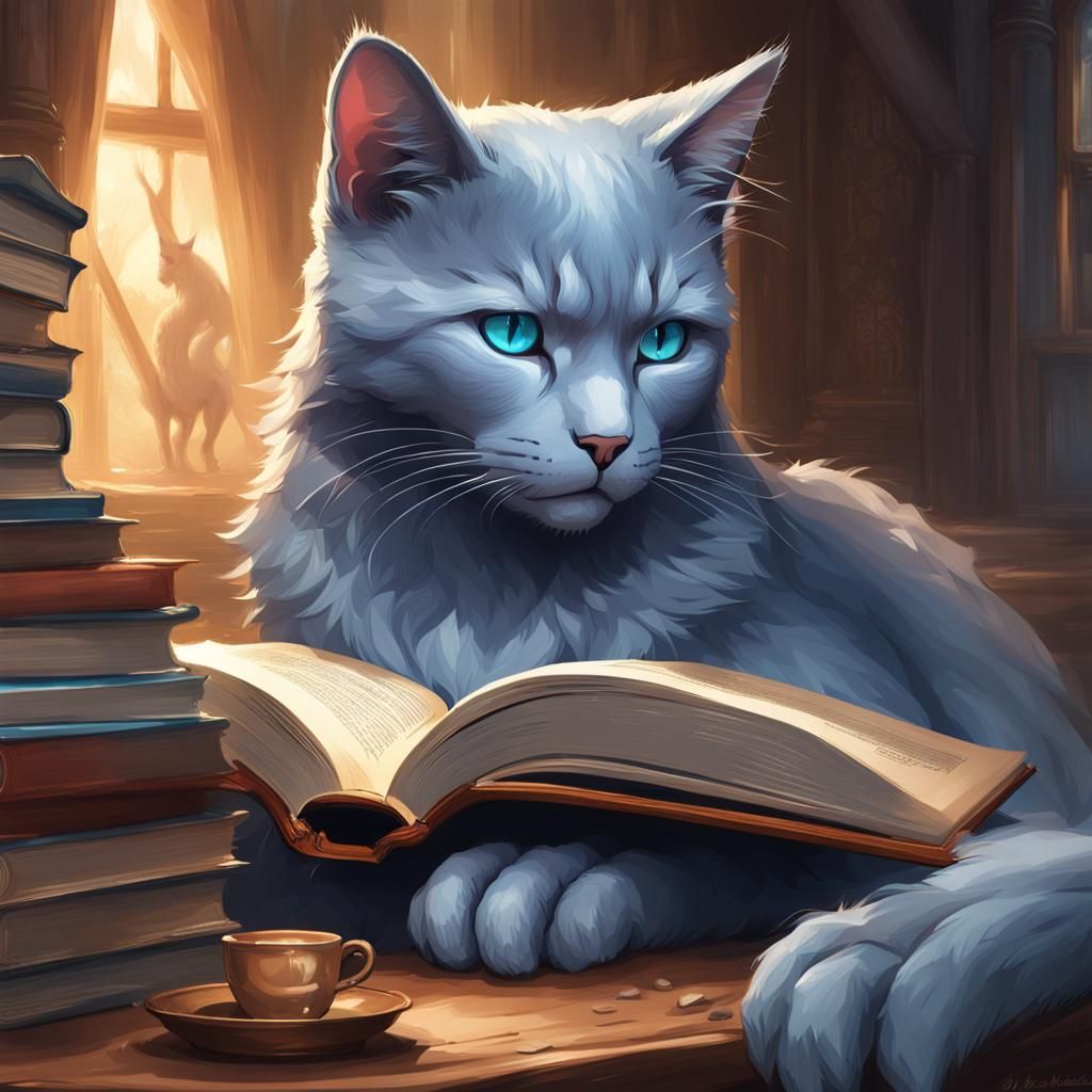 Russian Blue Cat Reads: Hyperdetailed Art Nouveau Portrait