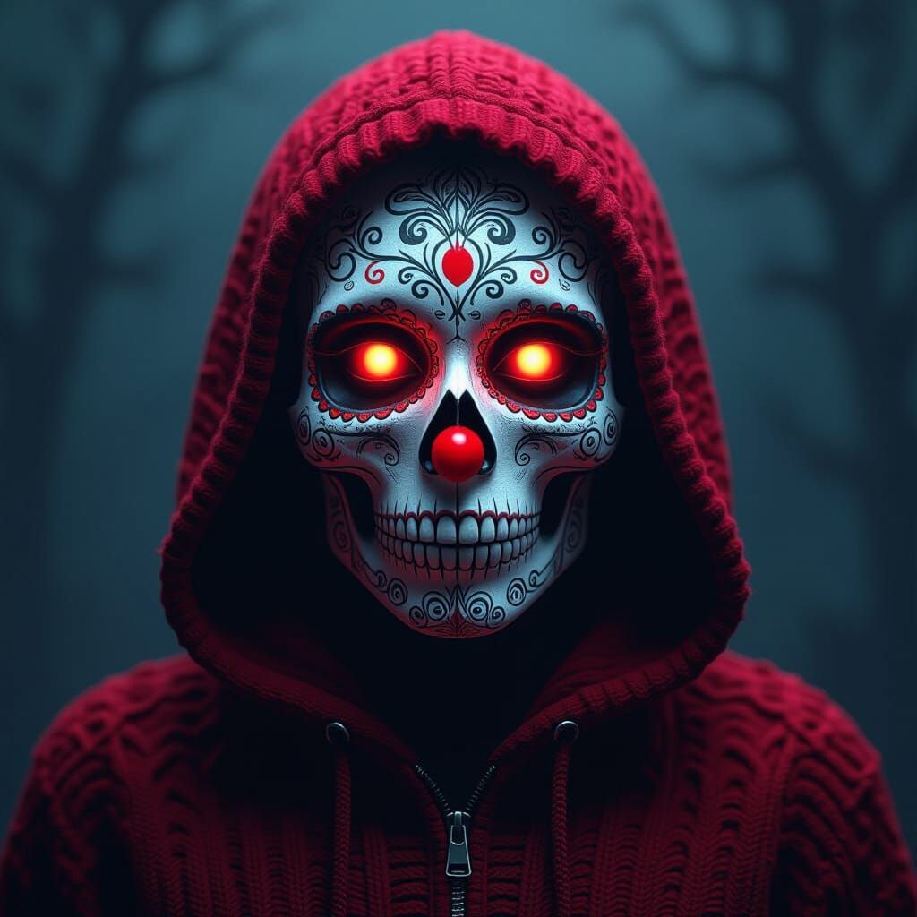 3D Sugar Skull Halloween Art with Glowing Red Eyes