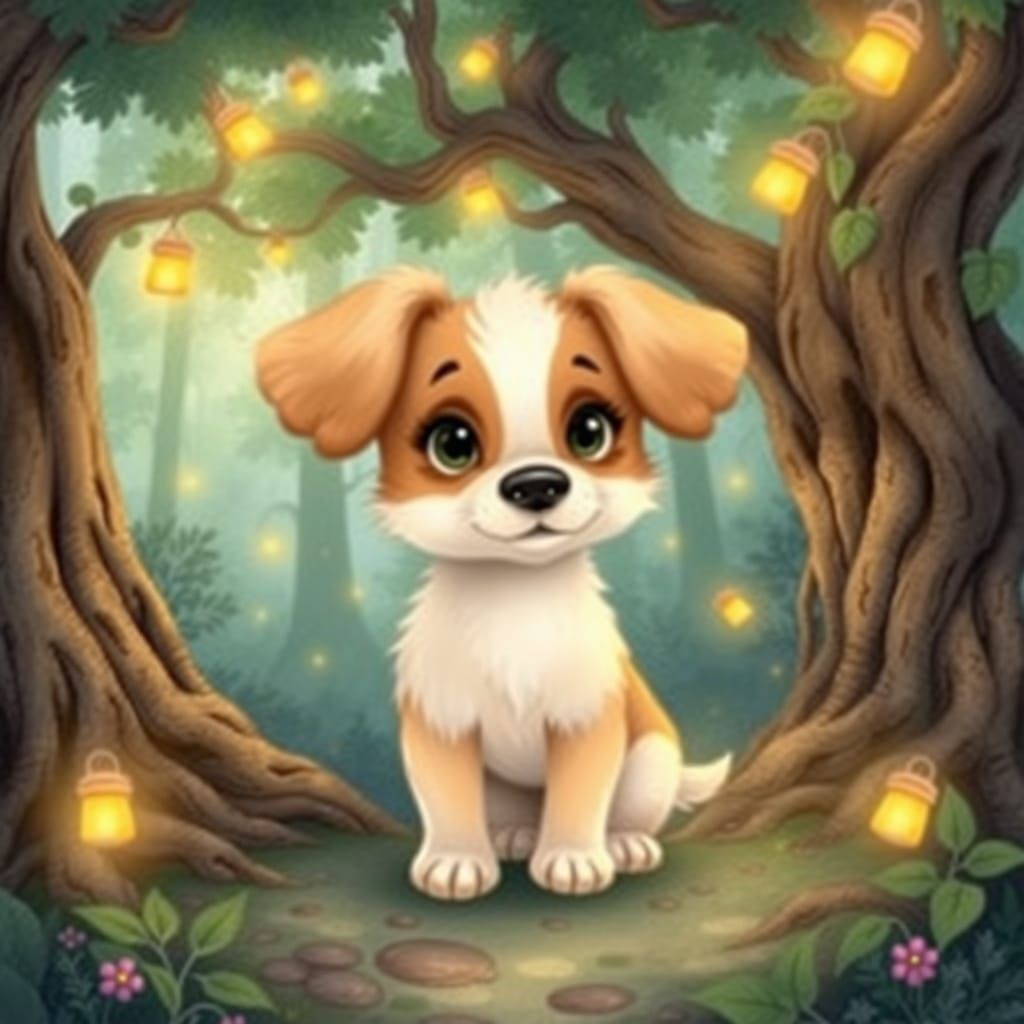 Whimsical Puppy in a Vibrant Forest