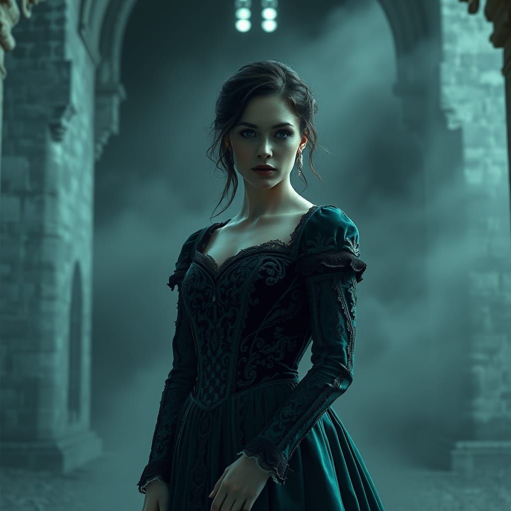 Mysterious Woman in Emerald Dress, Monochrome Photography