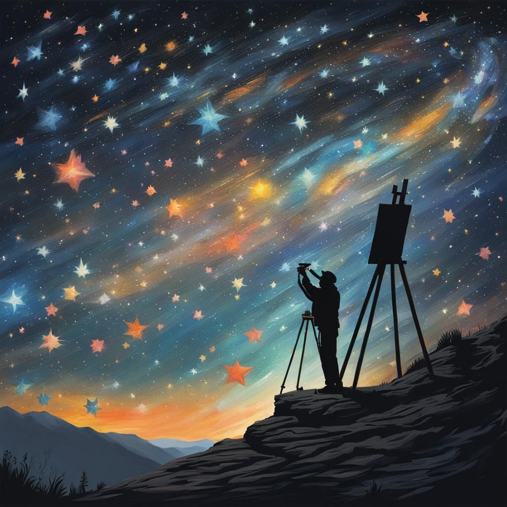 Artist Painting Stars in Colorful Celestial Scene