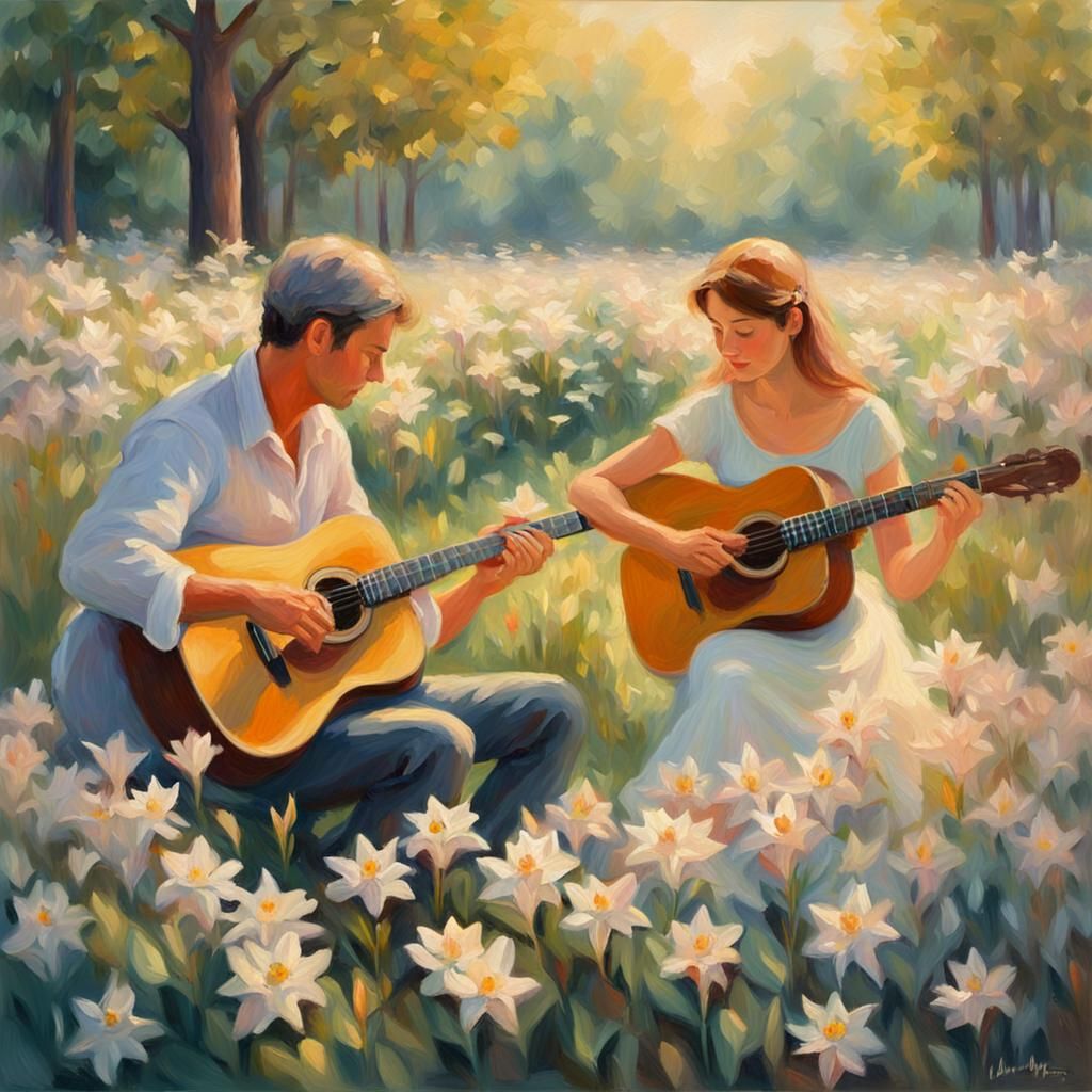 Impressionist Couple in Lily Field with Guitar